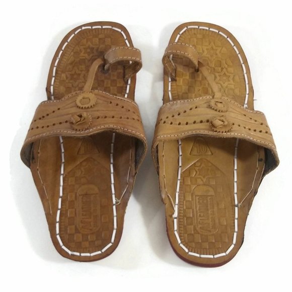 Women's Flip Flop Sandal Thong Flat Handmade Leather Summer Shoe Brown Tan Sz 10 - Picture 1 of 6